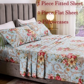 Queen's House Shabby Peony Printed Bed Sheets Queen Deep Pocket 100% Egyptian Cotton Luxury Bedding Set-T