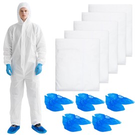 Cptoion 5 Pack Disposable Protective Coveralls with Hood, Zipper, Elastic Wrists, Shoe Covers,Disposable Coveralls Suit,Full Body Painters Suit for Men & Women,Breathable(White,XX-Large)