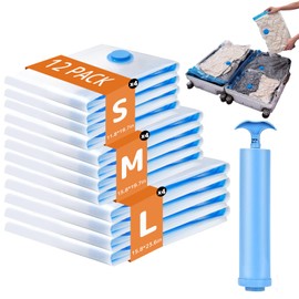 12 Pack Travel Vacuum Compression Bags with Hand Pump, Vacuum Seal Bags for Clothing and Clothes