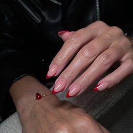 KQueenest 30 Pcs Red French Tip Press on Nails Short Almond Nails Acrylic, Medium Natural Nude Fake Nails Press ons, Classic Glue on Nails Short Stick on Nails for Women Daily Wear