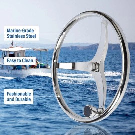 Amarine Made 13-1/2" Boat Steering Wheel Stainless Steel 3 Spokes w/ Tapered Knob 5/8"-18 Nut