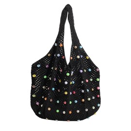 FloralGrace 1 x Boho Crochet Beach Tote Shoulder Bag with Colourful Beads, Woven Bag, Handbag, Colourful Hippie Crochet Bag, Beach Bag for Women, black, L