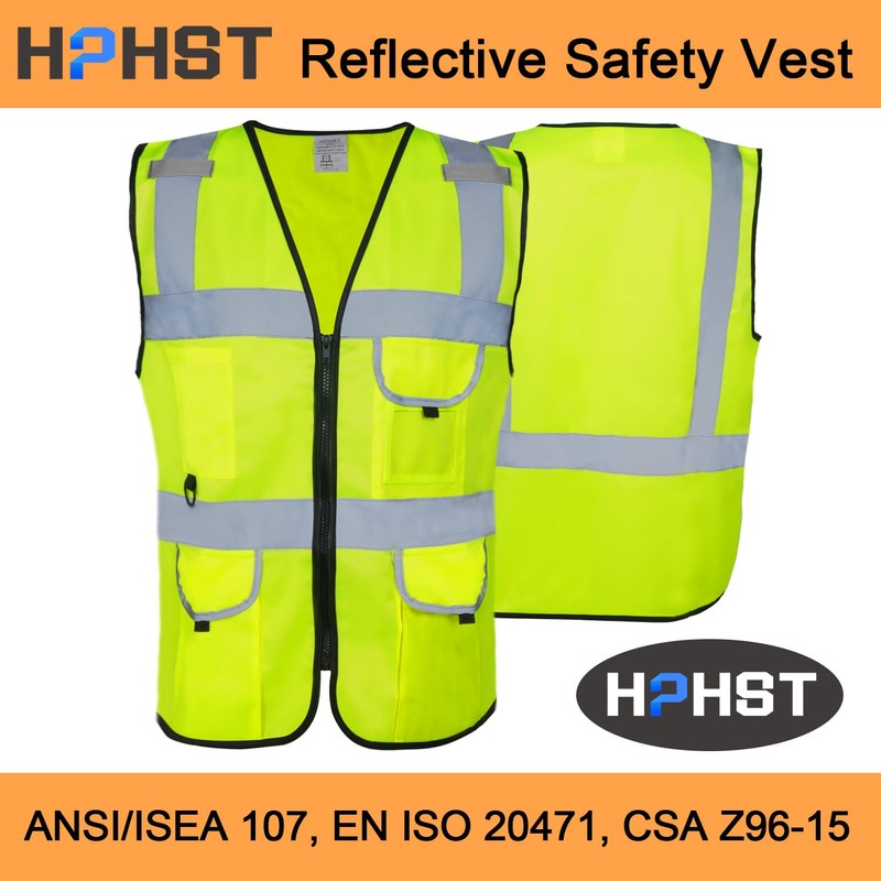 HPHST 5 Pockets High Visibility Reflective Safety Vest,Zipper Front, Meets