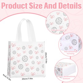Sweetude 24 Pcs Volleyball Gift Bags Bulk with Handles Pink Bow Tote Sports Non Woven Sports Party Favor Gift Bag 7.9 x 7.9 Inch Party Favor Treat Candy Bags Supplies Bulk for Birthday Team Snack