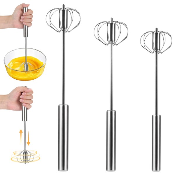 Pack of 3 Semi-Automatic Stainless Steel Whisk, Hand Push Whisk,