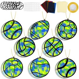 32 Sets Sports Ball Suncatchers Craft Kit DIY Window Stained Glass Effect Football Baseball Basketball Paper Craft Home School Classroom Decoration Kid Birthday Gift Creative Art Project Activity Game