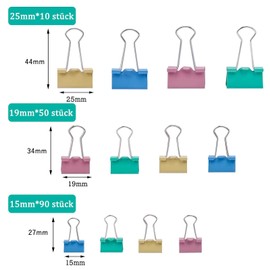 Bestgle Foldback Clips Pack of 150 Paper Clips Colourful Metal Binder Clips Multi-Purpose Clips 15 mm 19 mm 25 mm Coloured Paper Clips for Stationery Paper Office Supplies