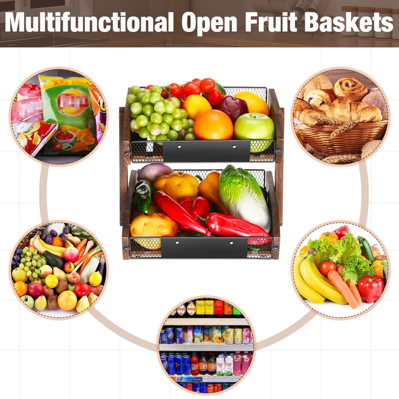 Briwooody 2 Tier Fruit Basket for Kitchen Counter Organizer with
