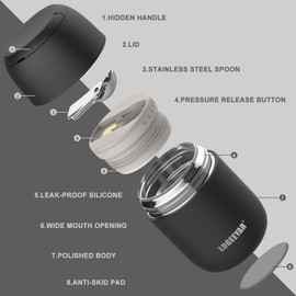 Itslife Thermal Container for Food 500 ml Thermal Container Stainless Steel Warming Container with Foldable Spoon Thermal Lunch Box for Hot Food Children Adults for School, Office (Black)
