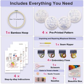 VIVIDOX 4 Sets Embroidery Kit for Beginners with Stitch Video, Cross Stitch Kits for Adults, Hand Craft Lover, Starters Easy Practice with Stamped Pattern, Hoop, Needles, Scissors, Tools & Instruction