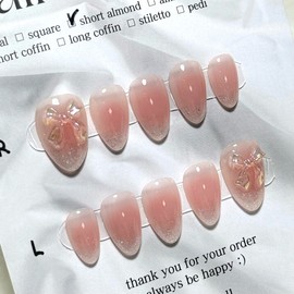 Wedding Cheek Ribbon Handmade Nail Tips - Short Coffin / 웨딩 치크 리본 수제네일팁 - 숏 코핀