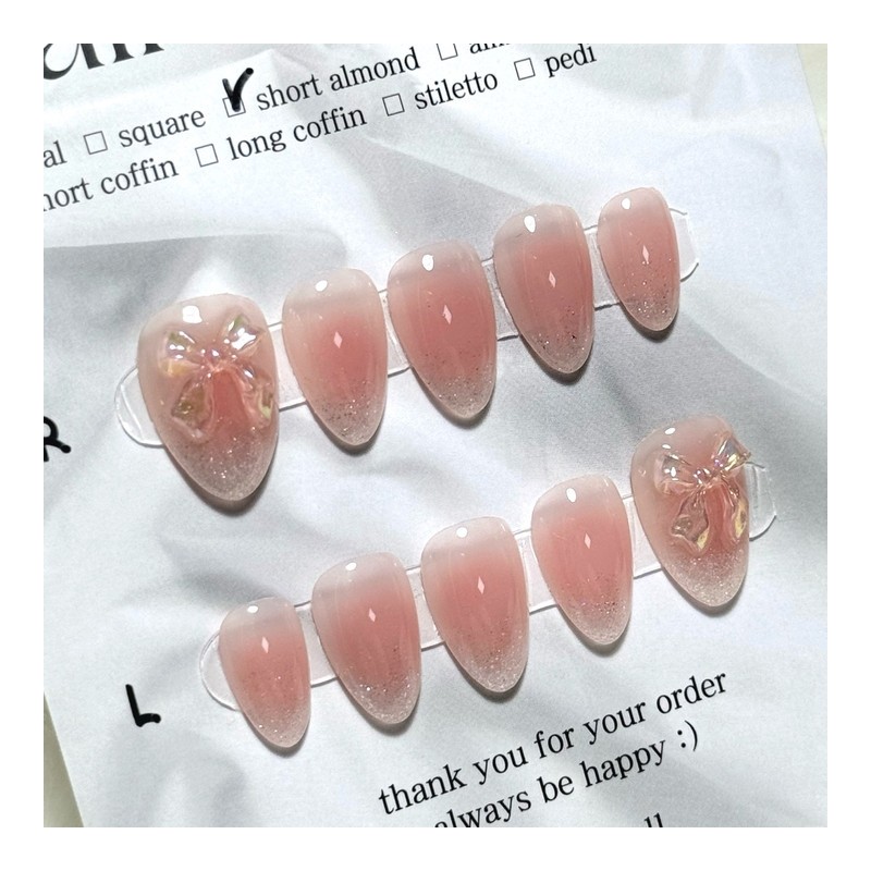 Wedding Cheek Ribbon Handmade Nail Tips - Short Coffin /
