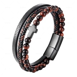 Cupimatch Cross Men's Leather Bracelet: Multilayer Braided Leather Bracelet Stainless Steel Cross Cuff Beads Jewellery Gift for Valentine's Day Christmas Birthday Anniversary, Leather Stainless Steel
