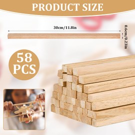 Pack of 58 Wooden Strips for Crafts, Square Natural Wooden Sticks for Crafts, 30 cm x 6 mm x 6 mm, Square Craft Wood Sticks Wooden Stick for DIY Crafts DIY Craft Set