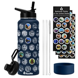 XccMe 40 oz National Parks Water Bottle with Stickers,Insulated Stainless Steel Water Bottle with 2 Lids,Straws,Silicone Boot,Waterproof Stickers,Travel Vacuum Sealed Metal Bottle,Leak Proof (Blue)