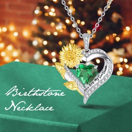AENEAS Sunflower May Birthstone Necklace Women Sterling Silver Created-Emerald Jewelry You Are My Sunshine Gift Heart Pendant for Anniversary Birthday Christmas