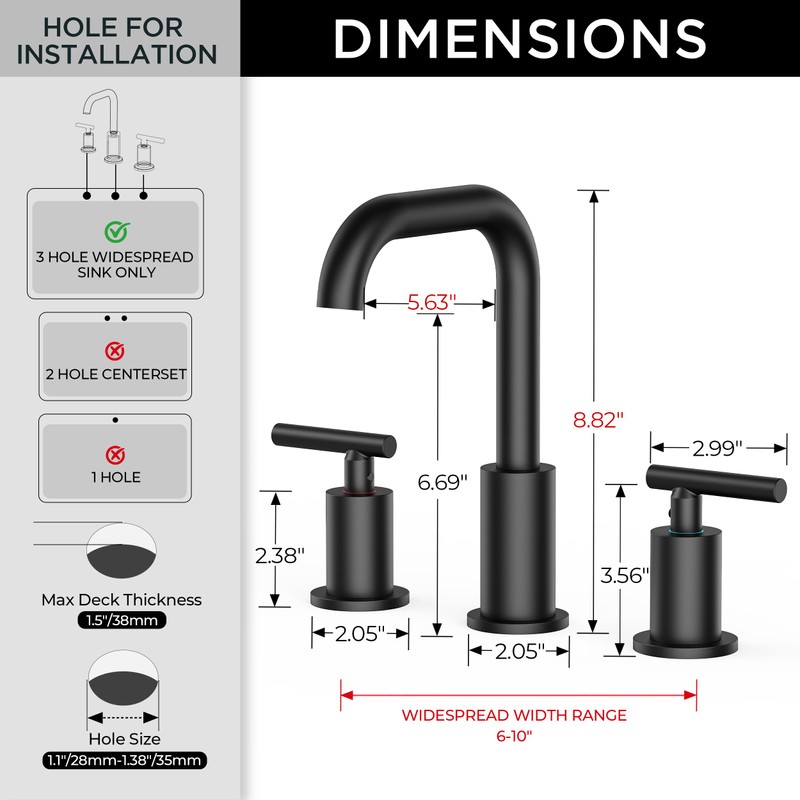 FORIOUS Matte Black Bathroom Faucet 3 Hole Widespread, 8 Inch