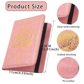UK Passport Holder With Card Slots And Elastic Strap PU Leather Passport Protector Portable Travel Wallet Organizer For Passport Credit Cards Boarding Pass Suitable For Men And Women (PINK)