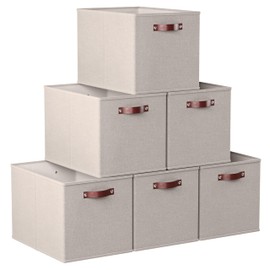 Ornavo Home 13 x 15 x 13 Kallax Storage Cube Bins, Foldable Collapsible Fabric Storage Bins Box Linen Shelf Basket Cube Organizer for Closet with Leather Handles, 6 Pack, Beige