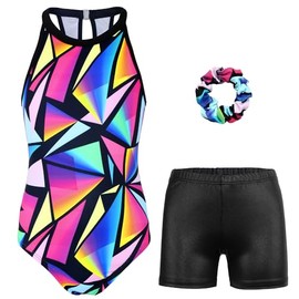 MODAFANS Gymnastics Leotards for Girls With Shorts Tumbling Dance Clasp Back Activewear Multi Geometry,6-7Years
