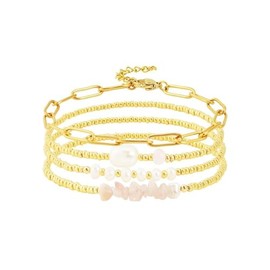 Hilufiet 4pcs Exquisite Gold Paperclip Beaded Bracelet Set Adjustable Stackable Stretch Bracelets for Women-Crystal