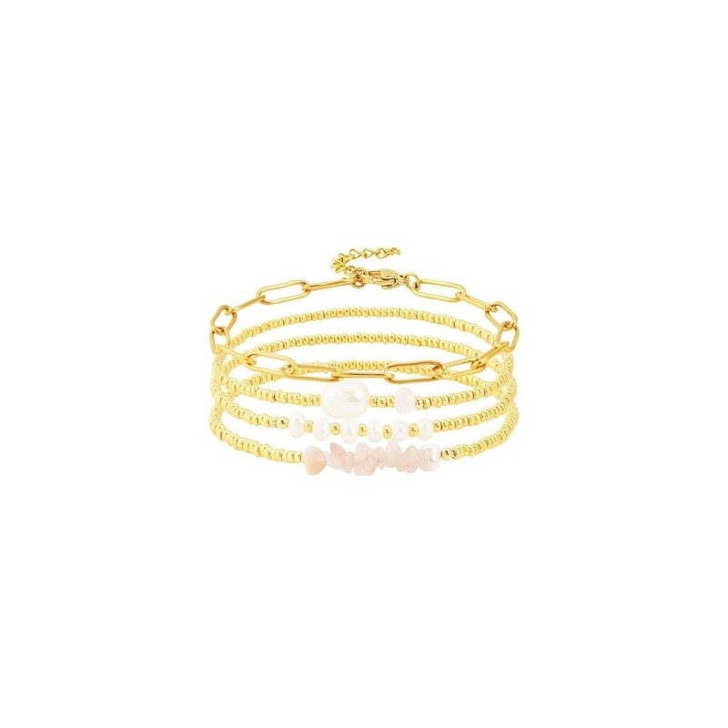 Hilufiet 4pcs Exquisite Gold Paperclip Beaded Bracelet Set Adjustable Stackable