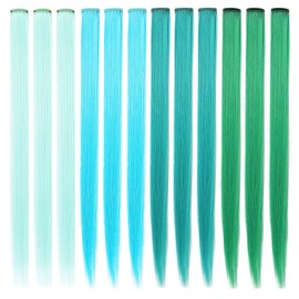 ZHIRXIN Coloured Hair Extensions, Pack of 12, Teal Blue, Light Green, Green Hairpiece, Princess Party Highlight, Colourful Straight Hair Extensions, Clip-In Costumes, 50 cm