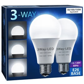 Briignite 3 Way LED Light Bulbs 50-100-150W Equivalent Daylight White 5000K, 3-Way A21 LED Light Bulb E26 Medium Base, 600LM-1250LM-1850LM, Perfect for Table Lamp, Floor Lamp, Desk Lamp, 2 Pack