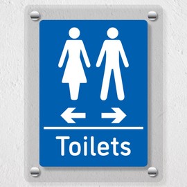 V Safety Toilets - Women Left/Men Right Arrows Blue Acrylic Sign 200x300mm - Durable, Shatterproof Directional Signage