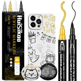 HuiSikoo Paint Marker, 4 Pack Dual Tip Acrylic Paint Pens with Medium Tip and Brush Tip, Ideal for Wood, Rock Painting, Canvas, Stone, Glass, Ceramic and DIY Crafts (4 color)