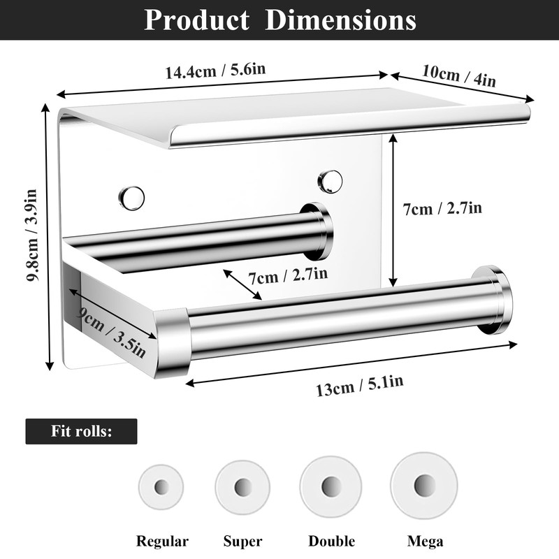 Tindbea Toilet Paper Holder with Phone Shelf, Adhesive or Screw