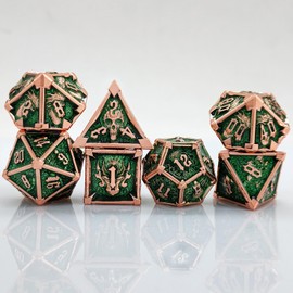 ORUZA DND Metal Dice Set, 7 PCS Polyhedral Dice Set D&D Metal Copper Green Skull Craved Dice for Dungeons and Dragons RPG MTG Pathfinder Role Playing Tabletop Games