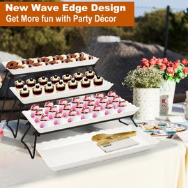 KAQAHIDO Extra Large 4 Tier Serving Tray Set, 34x22x10 inch Wave Edge Melamine Dessert Table Display Set, Tiered Trays Stand for Party Buffet Entertaining, Black and White