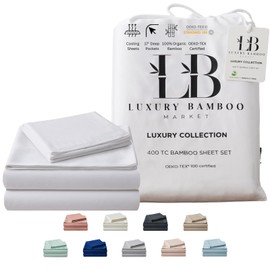 Luxury Bamboo Market | Queen Size Bed Sheet Set | 100% Viscose Made from Bamboo | Organically Grown | Ultra Soft | Cooling Sheets for Hot Sleepers | 17" Deep Pocket [Classic White]