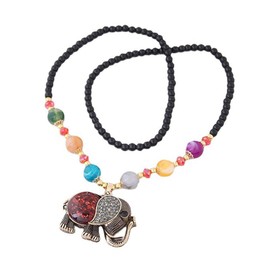 AKOAK Bohemian Long Black Beaded Chain Elephant Pendant Necklace