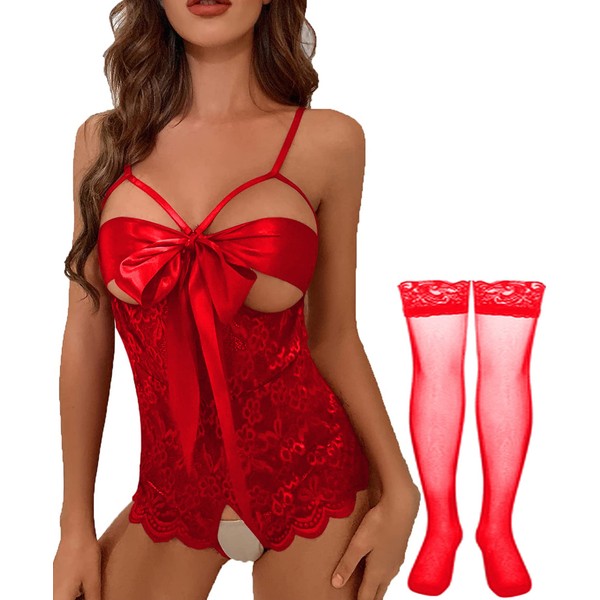NLAND Women's Lace Underwear Set, Babydoll One-Piece Underwear, Bow Tie, Lace Tights, Pyjamas with Stockings, red