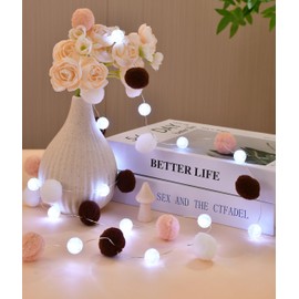 FLCSIed 6.56Ft 20 led 3AA Battery Powered Globe Crystal Ball Lights with FluffyPom-poms Fairy Light for Bedroom, Valentine's Day, Wedding, Party, Christmas, Home Decor (Brown)