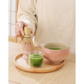 ZENS Matcha Set, 6pcs Pink Matcha Kit with Bamboo Whisk, Matcha Making Set with Sakura Bowl & (Chasen Holder) Scoop, 304 Sifter, Tea Mat, Tea Ceremony Kit for Matcha Latte