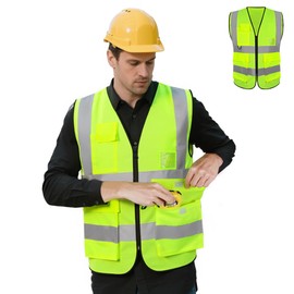 Adiwo Pocket Reflective Vest, High Visibility Reflective Safety Jacket, Hi Vis Vests for Women Men with Zipper, 5 Pockets, 2 inch Reflective Strip, ID Holder, for Construction, Oudoor, Cycling, XL