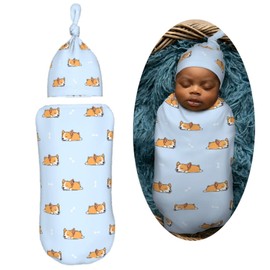 Muishi Cartoon Sleep Corgi Cute Blue Newborn Swaddle Blankets Hat Sets Soft Baby Receiving Blanket Swaddle Sack for Baby Shower Infant Boy Girl Gift