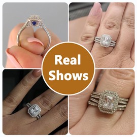 SweetJew 2Ct Radiant Cut Wedding Rings Set for Women 925 Sterling Silver Cubic Zirconia Size R