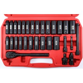 SEKETMAN 30pcs 3/8 Inch Impact socket set,Deep socket set,Metric/SAE,(5/16"-7/8",8mm-22mm),CR-V Steel,Includes Extension Bar,Universal Joint and Ratchet Handle.