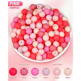 160PCS FIVEIZERO 15mm Silicone Beads for Keychain Making - Mixed Color Round Rubber Beads Bulk, DIY Craft Supplies for Bracelets Necklaces Pens(Pink)