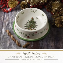 Spode Christmas Tree Pet Feeding Bowl - 8.5-Inch Stoneware Dish for Dogs and Cats - Festive Holiday Food and Water Bowl - Dishwasher Safe and Durable - Great Gift Idea for Pet Lovers