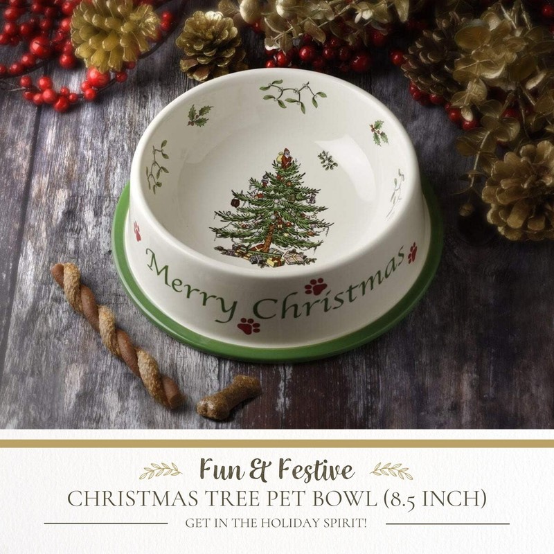 Spode Christmas Tree Pet Feeding Bowl - 8.5-Inch Stoneware Dish