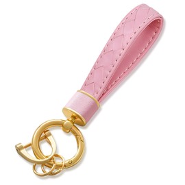 YaSeim Genuine Leather Car Keychain,Universal Heavy Duty Metal Key Chain Accessories,Car Key Fob Keychain Holder (Pink&Gold)