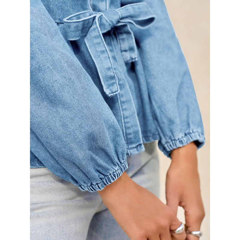 Tankaneo Womens Denim Tie Front Tops Babydoll Peplum Cute Blouse