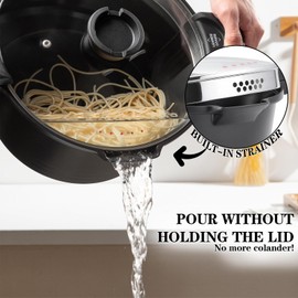 5qt Pasta Pot with Strainer Lid, Cast Aluminum Stockpot Multipot, Nonstick Ceramic Coating make Cleanup easy with Tempered Glass Lid, Dishwasher Safe, Induction, Black