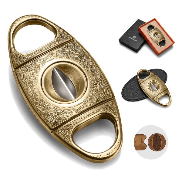CIGARLOONG Cigar Cutter Stainless Steel Bronze Engraved V Cut Blade Cigar Guillotine(Gold)