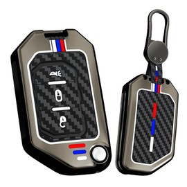 HIBEYO Folding 3 Button Key Fob Cover Compatible with Jeep Wrangler JL JLU Gladiator 4XE Accessories Alloy Carbon Fiber Texture Key Shell with Keychains-3 Button Black